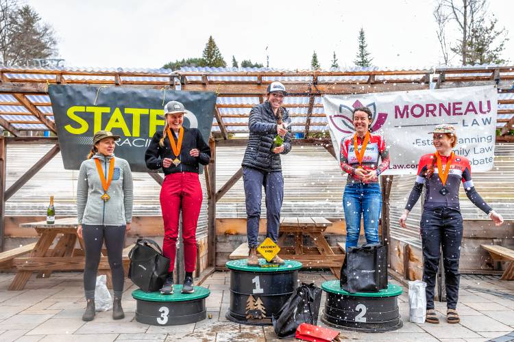 Participants in the third annual Pavement Ends Gravel Race celebrate after completing the 40-mile course on April 6, 2024.