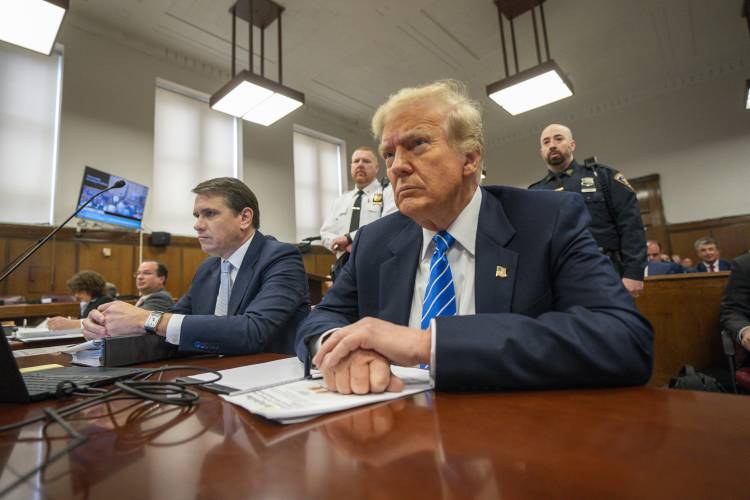Republican presidential candidate, former President Donald Trump attends his trial at Manhattan Criminal Court in New York on Monday, May 13, 2024. (Steven Hirsch/New York Post via AP, Pool)