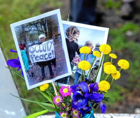 Photographs at the memorial for Barbara Filion at the Newcastle Commons on Sunday.