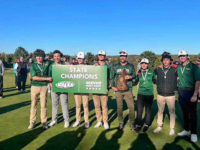 The Bishop Brady golf team celebrates its Division III title at Rochester Country Club on Thursday. Brady last won a golf team championship in 2005.
