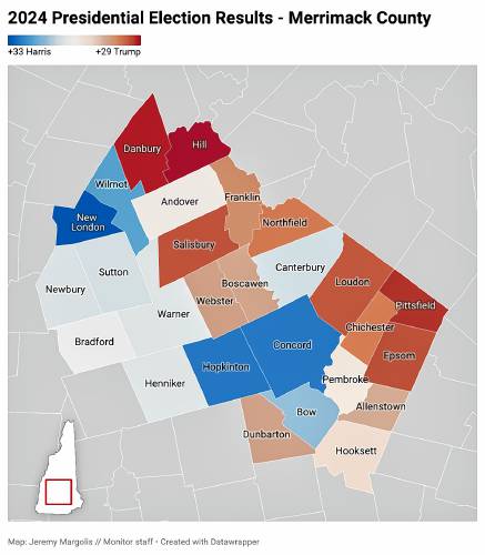 A map of how Merrimack County's cities and towns voted in the 2024 presidential election.