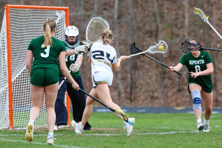 Bow's Josie Johnson (24) scored two goals for Bow on Monday against a tough and motivated Hopkinton defense.