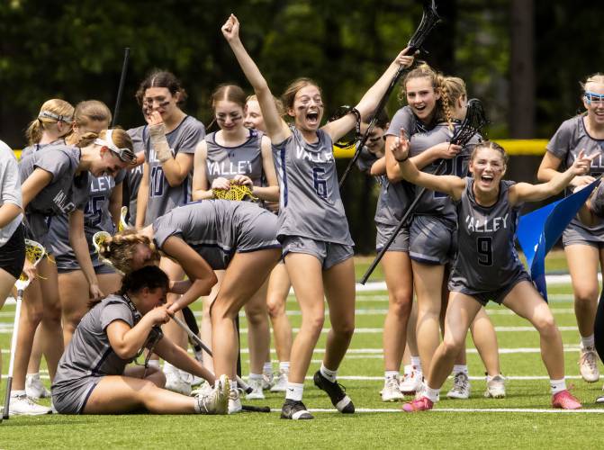 The Merrimack Valley lacrosse team celebrates at midfield after upseting the No. 2 Merrimack Tomahawks in the Division II semifinals on Sunday. They will play No. 1 Winnacunnet at Bedford High School on Tuesday in the championship.