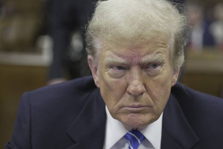 Former President Donald Trump sits in Manhattan criminal court, Monday, May 13, 2024, in New York. (Mark Peterson/New York Magazine via AP, Pool)
