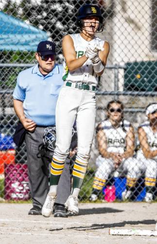 Bishop Brady baserunner Payton Bryson celebrates after scoring the insurance run against Conant on Wednesday, May 29, 2024 at Rollins Park in Concord.
