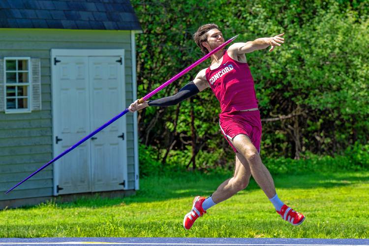 Concord’s Nick Reynolds throws the javelin at the Meet of Champions at the University of New Hampshire on June 2. Reynolds set the state record a week earlier at the Division I championship.