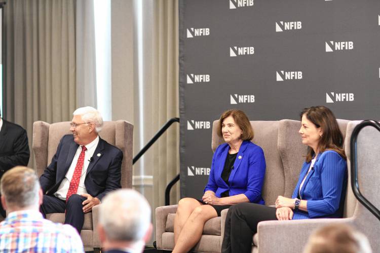 Cinde Warmington, Kelly Ayotte, and Chuck Morse at the NFIB Gubernatorial Candidate Forum on Thursday.