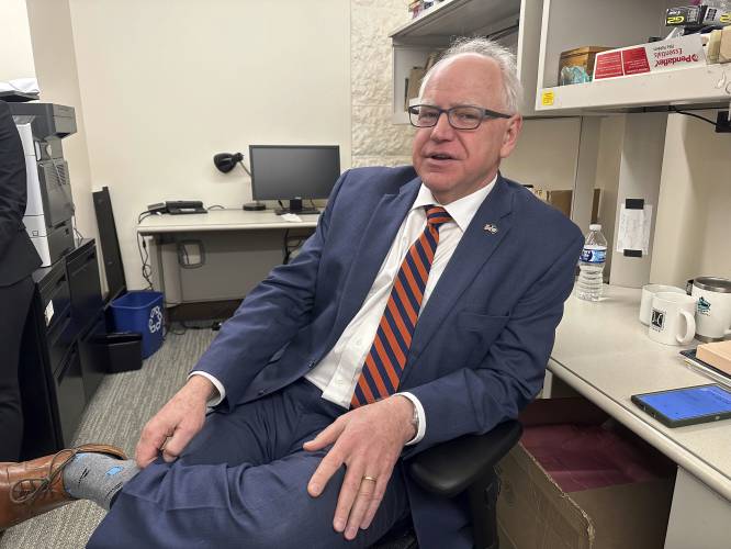 FILE - Democratic Minnesota Gov. Tim Walz in the press room at the State Capitol, on March 13, 2024, in St. Paul, Minn. (AP Photo/Steve Karnowski, File)