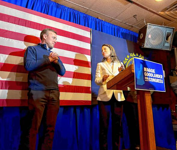 Democrat Maggie Goodlander, standing with her husband Jake Sullivan at Martha's Exchange in Nashua, picked up a resounding primary win over Colin Van Ostern