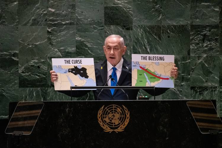 Israeli Prime Minister Benjamin Netanyahu speaks during the United Nations General Assembly at the United Nations headquarters on Sept. 27, in New York City. Israeli Prime Minister Benjamin Netanyahu speaks during the United Nations General Assembly at the United Nations headquarters on Sept. 27, in New York City.