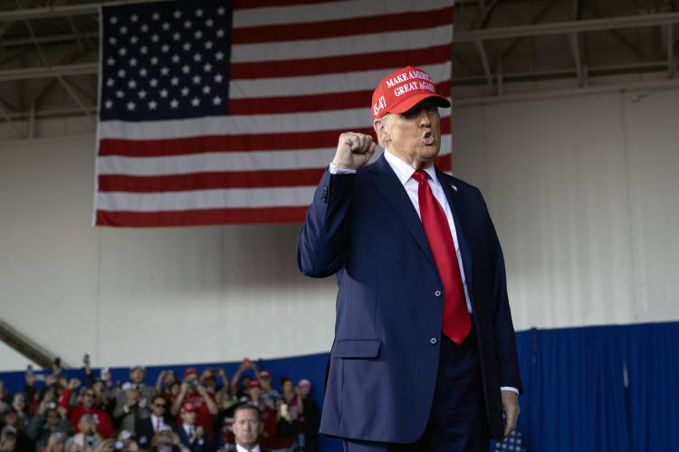 Republican presidential nominee former President Donald Trump arrives for a rally at Dodge County Airport on Oct. 06, 2024, in Juneau, Wisconsin. Republican presidential nominee former President Donald Trump arrives for a rally at Dodge County Airport on Oct. 06, 2024, in Juneau, Wisconsin.