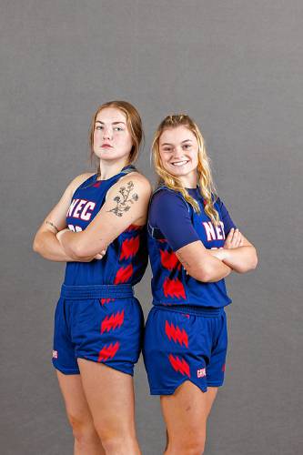 Former Merrimack Valley teammates Mackenzie McDonald (left) and Macy Gordon (right) are junior guards for the New England College women's basketball team.