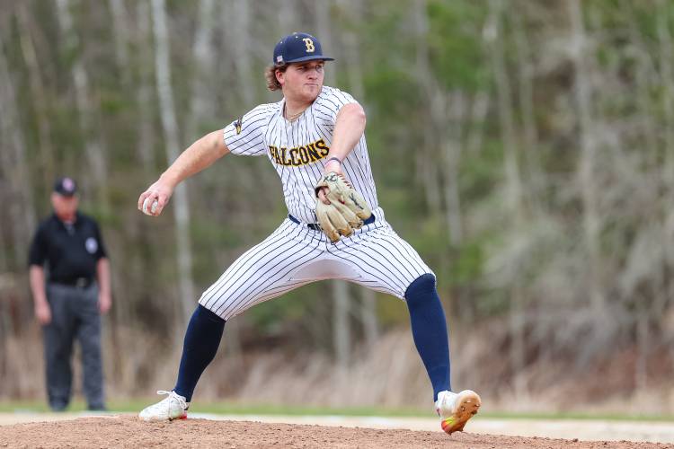 Bow's Peyton Larrabee delivers a pitch during a home game against Pelham on Friday. Larrabee struck out 13 batters and pitched a two-hitter to lead the Falcons to a 3-1 victory.