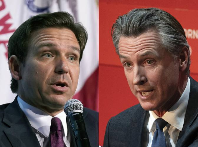 In this combination of photos, Republican presidential candidate Florida Gov. Ron DeSantis speaks on Sept. 16, 2023, in Des Moines, Iowa, at left, and California Gov. Gavin Newsom, speaks on Sept. 12, 2023, in Sacramento, Calif. (AP Photo)