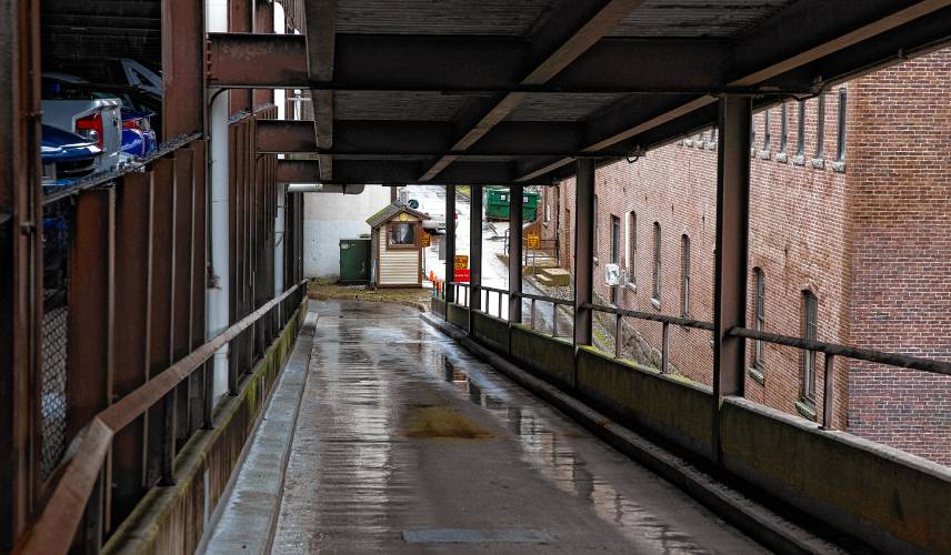 The view of the exit ramp of the parking garage on Storrs Street.