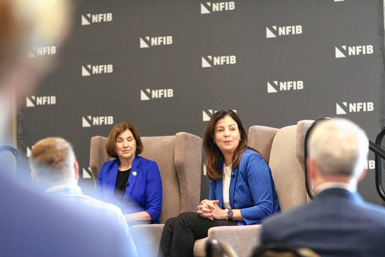 Cinde Warmington, Kelly Ayotte, and Chuck Morse at the NFIB Gubernatorial Candidate Forum on Thursday.