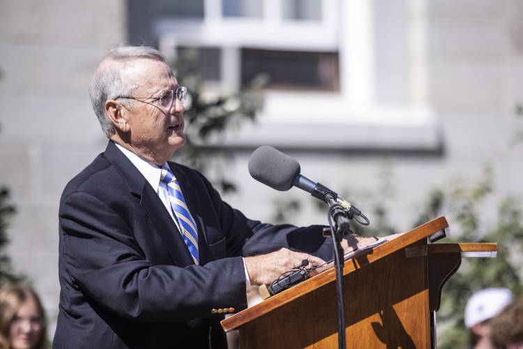 Steven McAuliffe gives his speech about Christa McAuliffe at the dedication of the statue in her honor on Monday.