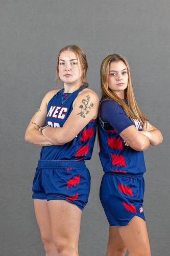 The former Merrimack Valley duo, Mackenzie McDonald (L) and Macy Gordon (R) are junior guards for the New England College Pilgrims women's basketball team.