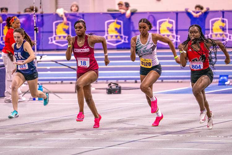 Concord's Grace Saysaw (second from left) races in the 55-meter dash at the New England Interscholastic Indoor Track and Field Championship on Saturday at the Reggie Lewis Track and Athletic Center in Boston. Saysaw finished ninth, just one spot shy of qualifying for the 55 dash finals.