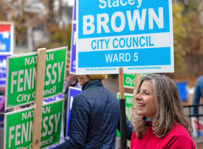 Stacey Brown of Ward 5 at the Christa McAuliffe School in Concord on Tuesday. She held on to her city council seat with about a 100 vote lead. 
