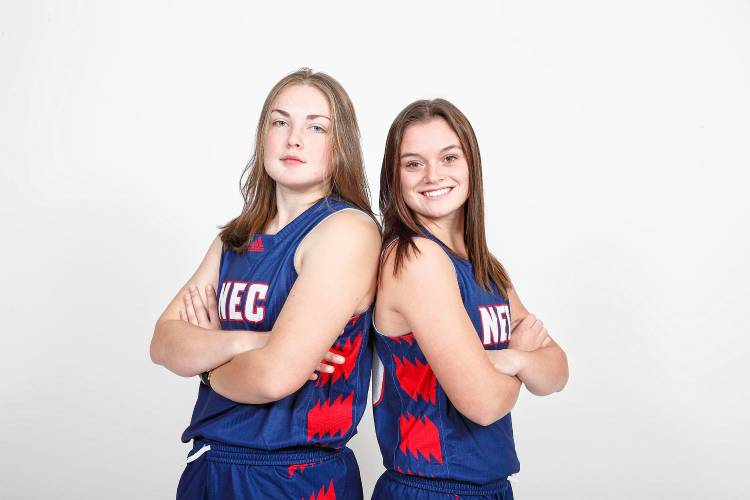The former Merrimack Valley duo, Mackenzie McDonald (L) and Macy Gordon (R) are junior guards for the New England College Pilgrims women's basketball team.