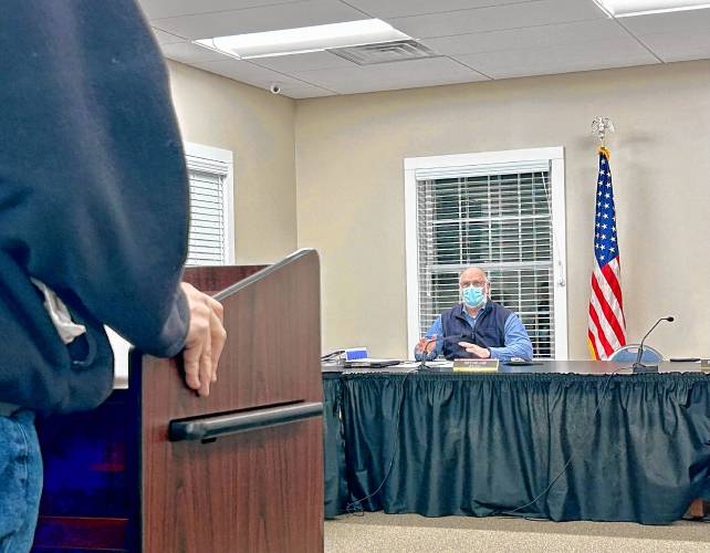 Jeff Miller, chair of Loudon’s select board, tells residents at Wednesday’s budget public hearing that he’s trying to cut costs but that most of their tax increases will come from the Merrimack Valley School District.