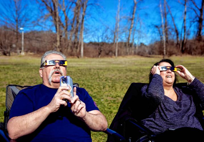 Lynn and Douglas Laperle drove all the way to Manchester, Connecticut to pick up their grandson, Axel, so that he could experience the nearly full eclipse at the NHTI campus on Monday afternoon, April 8, 2024.