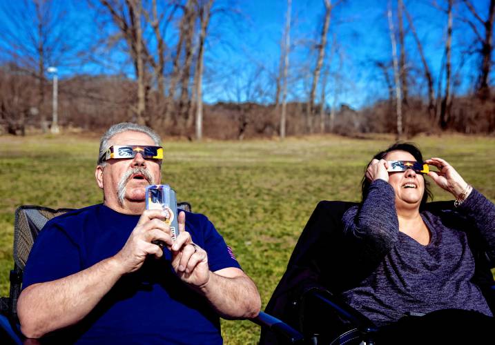 Lynn and Douglas Laperle drove all the way to Manchester, Connecticut to pick up their grandson, Axel, so that he could experience the nearly full eclipse at the NHTI campus on Monday afternoon, April 8, 2024.