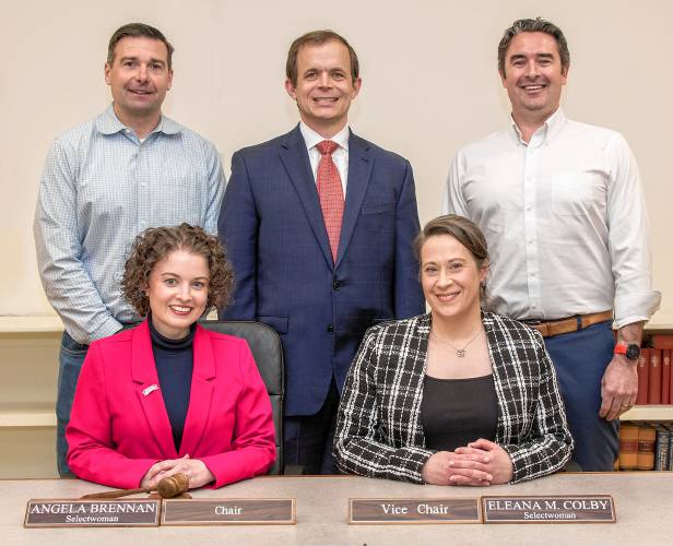 The Bow Board of Selectmen. Seated on the left is Chair Angela Brennan and Vice Chair Eleana Colby, Standing from left to right is Ian Flanagan, Christopher Nicolopoulos and Kip McDaniel. The Bow Board of Selectmen. Seated on the left is Chair Angela Brennan and Vice Chair Eleana Colby, Standing from left to right is Ian Flanagan, Christopher Nicolopoulos and Kip McDaniel.