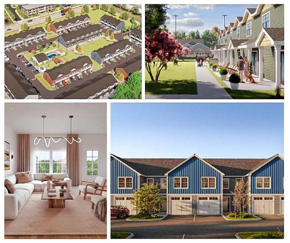 Renderings, at top, show the layout and yard spaces at Tanager Circle. At bottom, renderings display the planned exterior and living room spaces for Capital Pointe. 