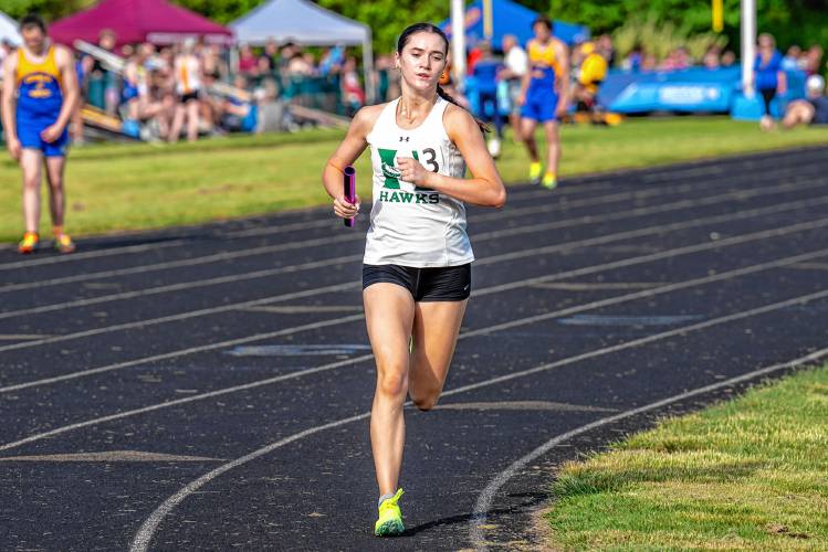 Shaylee Murdough runs the anchor leg of the 4 x 800 relay for Hopkinton on Thursday, May 23, 2024.