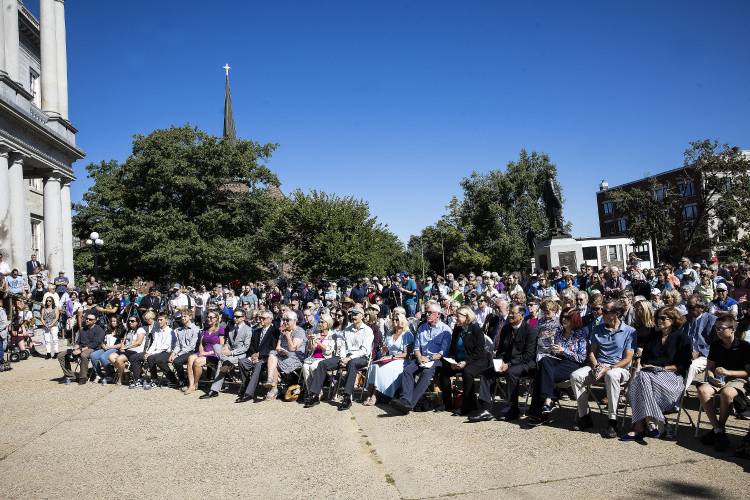 The crowd listens at the dedication of the Christa McAuliffe statue in her honor on Monday, September 2, 2024, which would have been her 76th birthday.