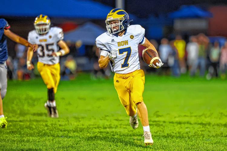 Bow’s Kody McCranie (7) had runs the ball to the end zone on a punt return. McCranie, a first-time football player and an experienced track athlete, showed off his speed, scored 11 of his team’s 23 points and forced a fumble in Friday night’s 23-13 victory.