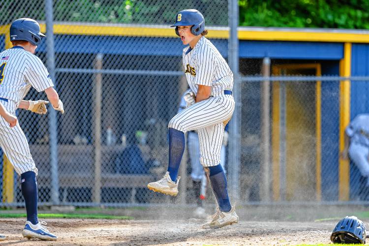 Brady Lover celebrates after Sean Guerrette's single gave Bow a 3-0 lead in the bottom of the sixth inning during the Falcons' 4-0 first-round playoff win over Milford on Thursday, May 30, 2024.