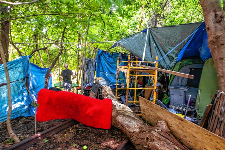 Mellissa F. at her homeless camp on the railroad tracks in the back of Robin Bachâs home on North Main Street in Concord on Wednesday, July 10, 2024. Mellissa read about how Bachâs children wouldnât play in the backyard of their 19th-century Walker house in Concord.