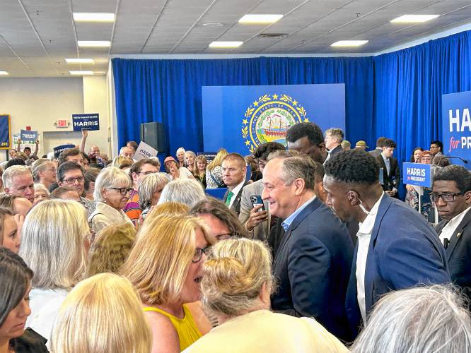 Second Gentleman Doug Emhoff speaks at a campaign event for his wife, Vice President Kamala Harris, in Concord on Wednesday, July 31, 2024.