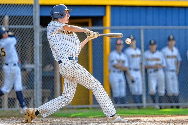 Sean Guerrette connects on the go-ahead single for Bow in the team's 4-0 win over Milford in the first round of the playoffs on Thursday, May 30, 2024.