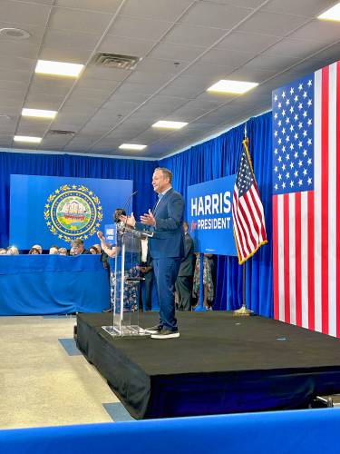 Second Gentleman Doug Emhoff speaks at a campaign event for his wife, Vice President Kamala Harris, in Concord on Wednesday, July 31, 2024.