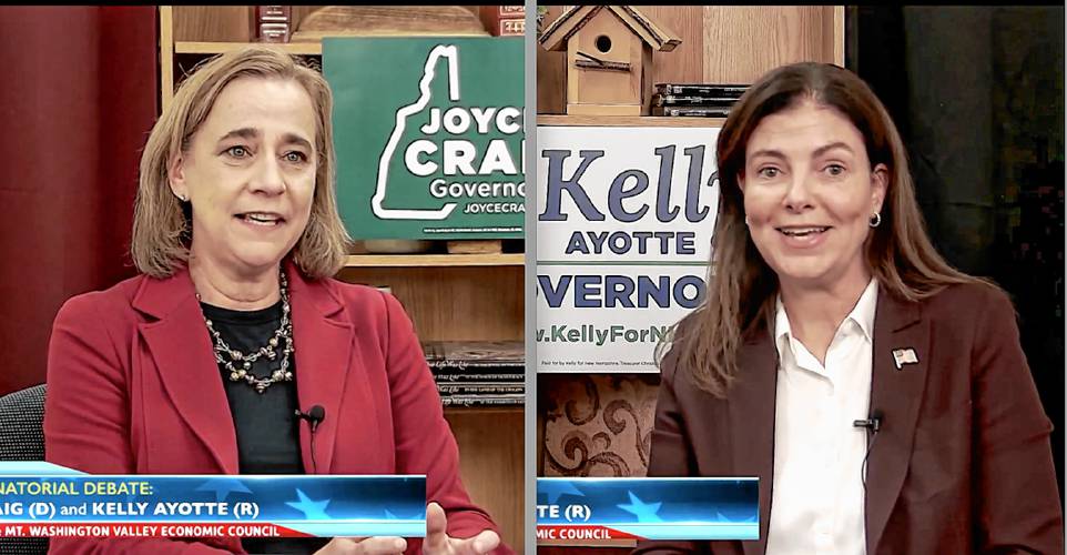  Democratic gubernatorial nominee Joyce Craig, left, and Republican gubernatorial nominee Kelly Ayotte, right, face off at a debate in Conway hosted by the Mt. Washington Valley Economic Council, Oct. 15, 2024.