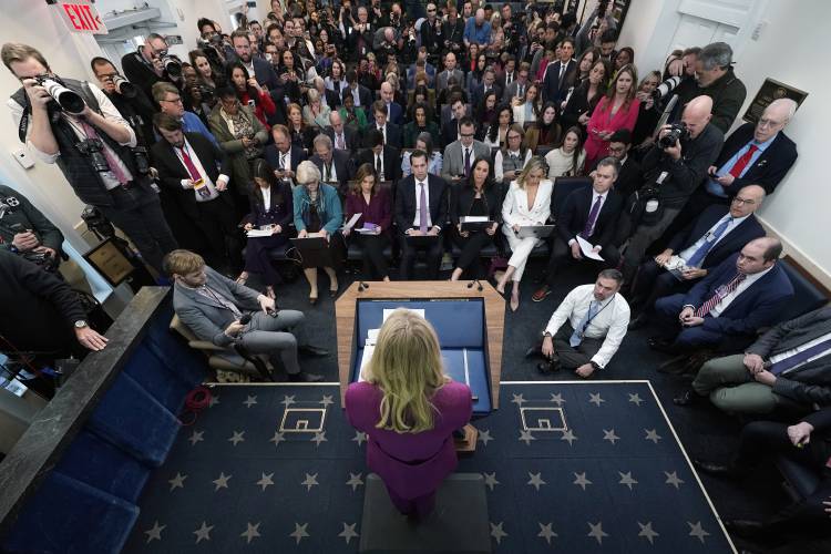 White House press secretary Karoline Leavitt speaks with reporters in the James Brady Press Briefing Room at the White House on Jan. 28