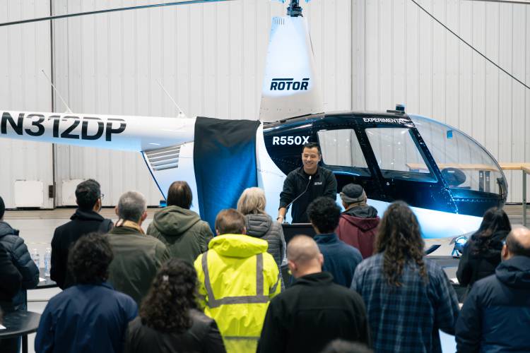 Rotor CEO Hector CEO addresses the assembled crowd at the“Spirit of New Hampshire” naming ceremony at the company’s hangar at Nashua Airport.