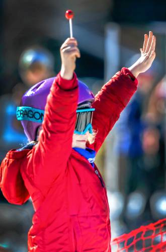 Hugo Evans celebrates on the podium after winning the youth portion of Ski The Beav  races.