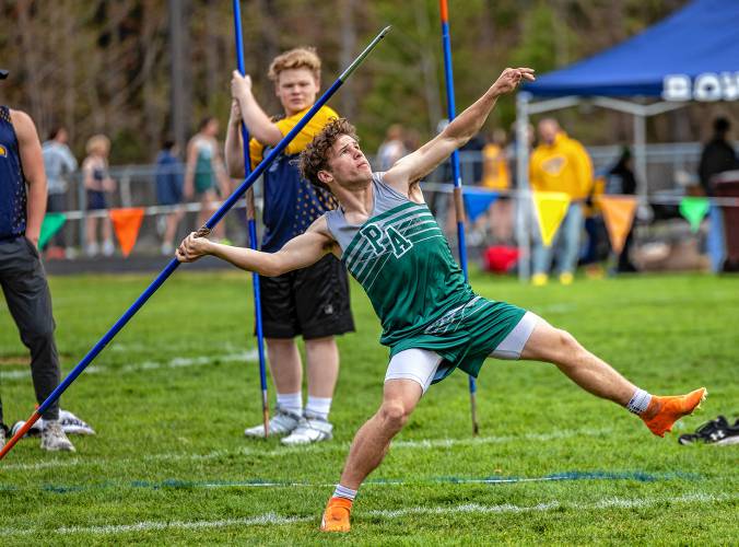 Pembroke’s Brandon Lurvey throws the javelin during a track meet at Bow High School on Saturday. Lurvey won the event with a throw of 130 feet, 4 inches.