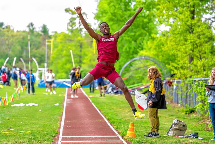 Concord’s Alain Twite competes in the long jump at the Londonderry Invitational on Saturday. Twite won the long jump at the meet and is a threat to win the triple jump, long jump and high school at Saturday’s NHIAA Division I championship in Portsmouth.