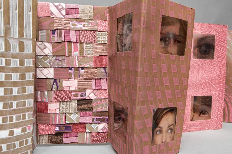“Neighborhood Watch” by Cristina Hajosy is a one-of-a-kind accordion artist book. 