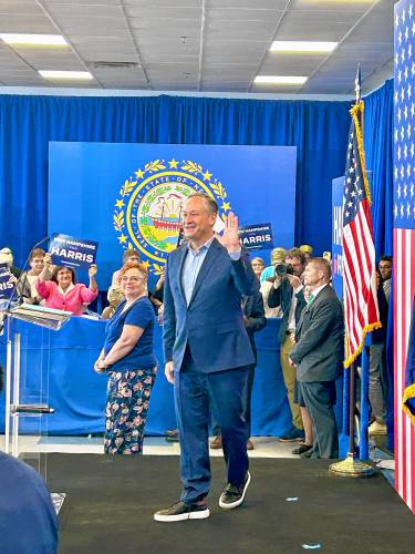 Second Gentleman Doug Emhoff speaks at a campaign event for his wife, Vice President Kamala Harris, in Concord on Wednesday, July 31, 2024.