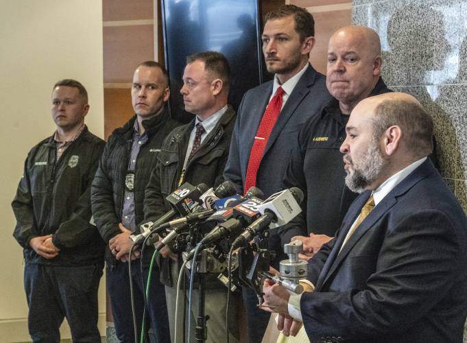 New Hampshire Senior Assistant Attorney General Ben Agati speak to the media at Hillsborough County Superior Court, Thursday, Feb. 22, 2024, in Manchester, N.H. Adam Montgomery has been convicted of second-degree murder in the death of his 5-year-old daughter. Police believe Harmony Montgomery was killed nearly two years before she was reported missing in 2021. (Jeffrey Hastings/Pool Photo via AP)