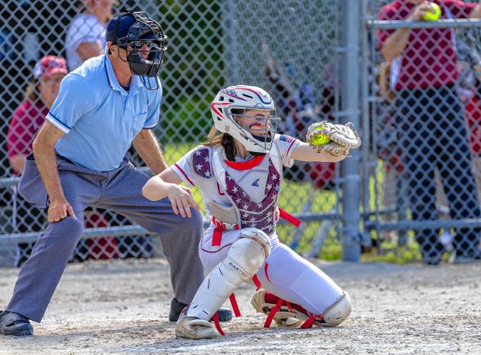 Concord senior Delaney Duford catches a pitch from Maddy Wachter during the Tide's 1-0 loss to Portsmouth in the first round of the D-I playoffs on Wednesday, May 29, 2024.