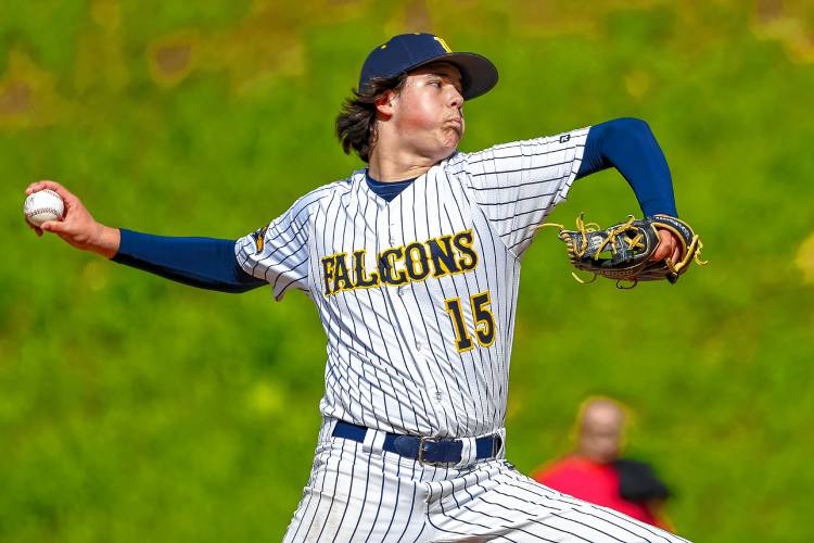 Bow junior Nate Kiah delivers a pitch during the Falcons' 4-0 win over Milford on Thursday, May 30, 2024. Kiah pitched a two-hit shutout and struck out 12 in the victory. 
