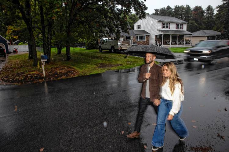 Lindsay Gray and Nate Veilleux outside their home in East Concord have been surprised how fast people drive on a residential street. The cars cut through from Mountain Road over to Portsmouth Street.